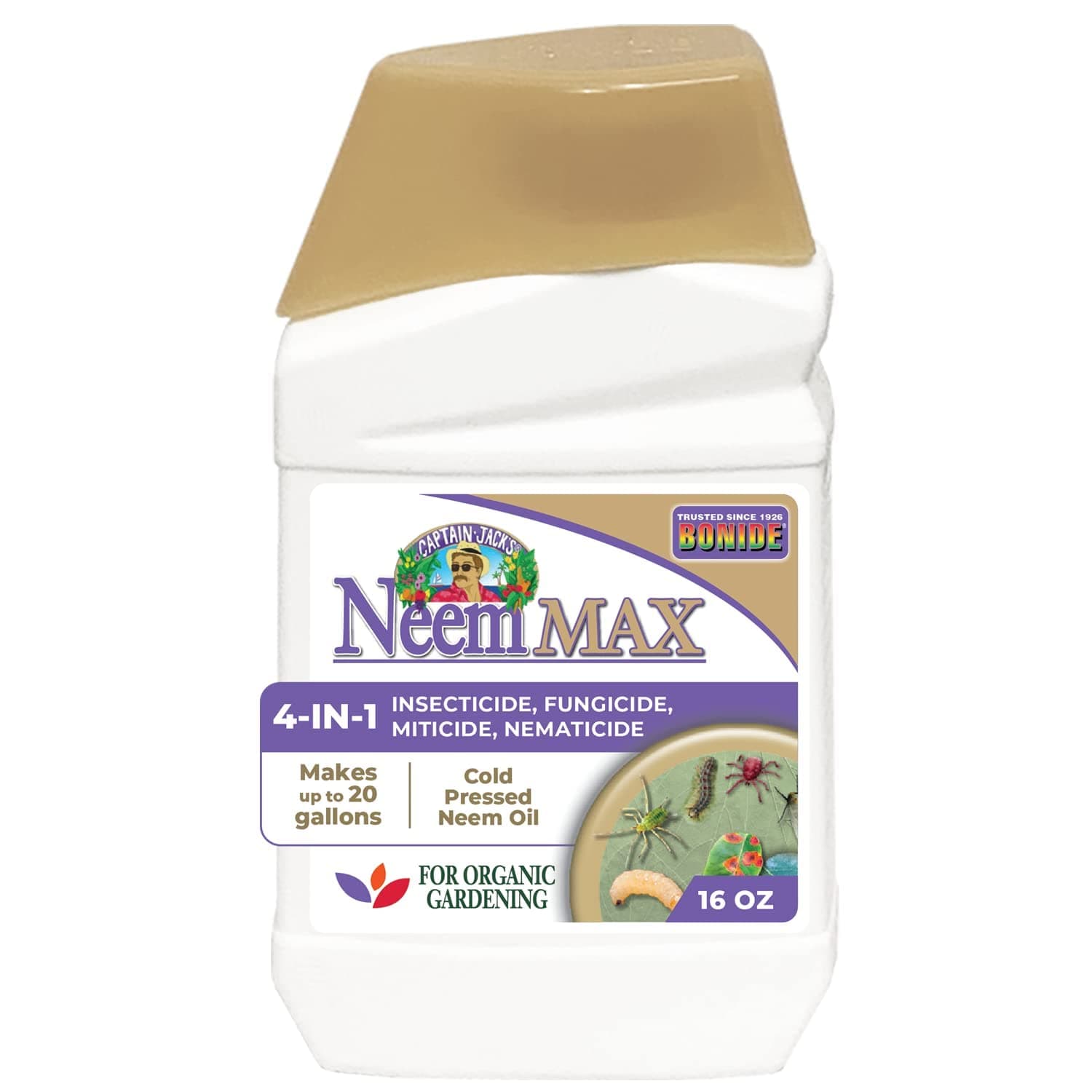Captain Jack's Neem Max, 16 oz Concentrated Cold Pressed Neem Oil, Multi-Purpose Insecticide, Fungicide, Miticide, and Nematicide for Organic Gardening