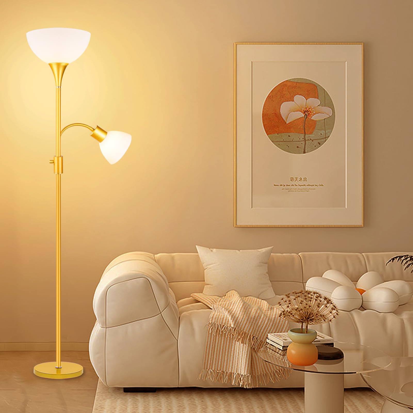 Dimmable Floor Lamp, 0%-100% Stepless Dimming,Rotary Switch,9W LED Torchiere Floor Lamp with 9W Adjustable Modern Tall Standing Lamps,Adjustable Gooseneck Reading Floor Lamp for Living Room,(Gold)