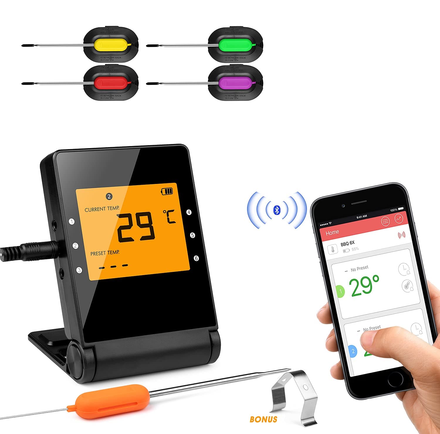 Shinmax Meat Thermometer, Wireless BBQ Thermometer Bluetooth Digital Thermometer with 4 Stainless Steel Probes Remote Monitor Smoker Grilling Cooking Kitchen Christmas New Year Party for iOS&Android