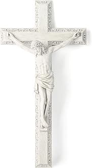 BC Catholic Crucifix Wall Cross, Jesus Christ Wall Decor for Elegant Modern Home, Devout Gift for Youngs, Religious Gifts Home Decor, Grey White Stone Finish 12" H Hand Painted by Buildclassic