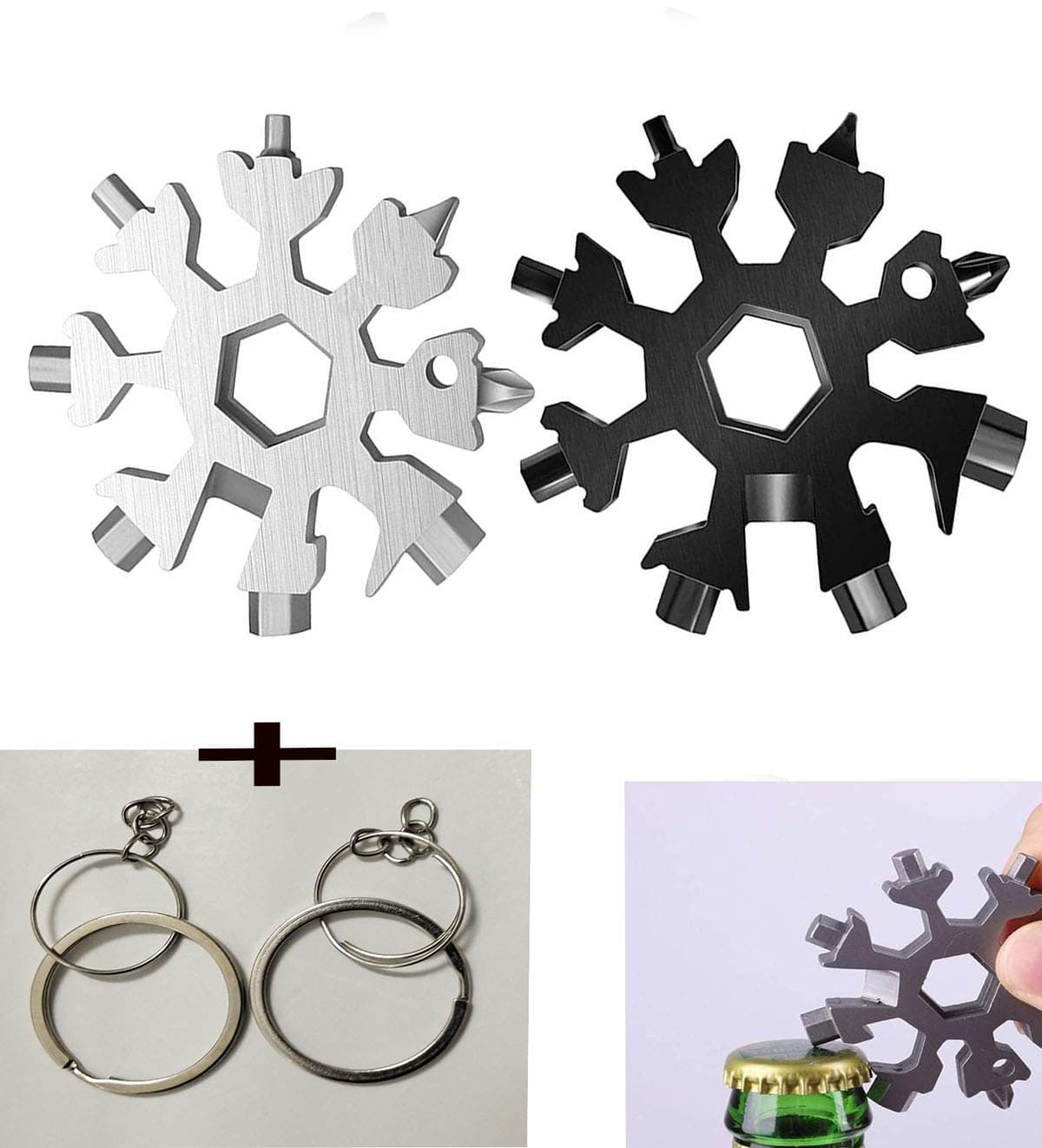 2PCS 18-in-1 Snowflake Multi Tool, Stainless Steel Snowflake Bottle Opener/Flat Phillips Screwdriver Kit/Wrench, Durable and Portable to Take, Great Christmas gift(Silver Black)