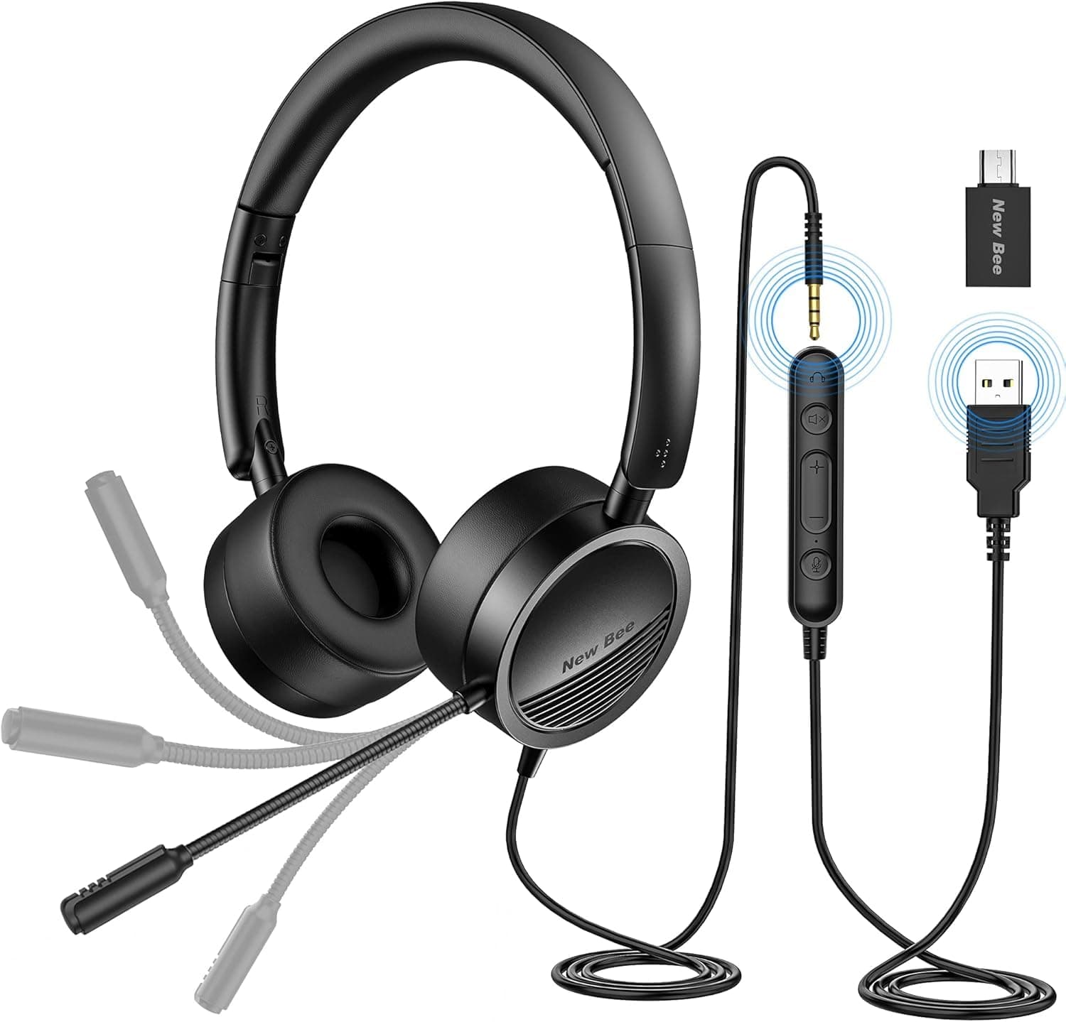 New Bee PC Headset with Microphone USB/3.5mm Business Headset Clear Stereo Sound for Call Center Office Conference Calls Skype Chat Webinar Presentations Online Courses