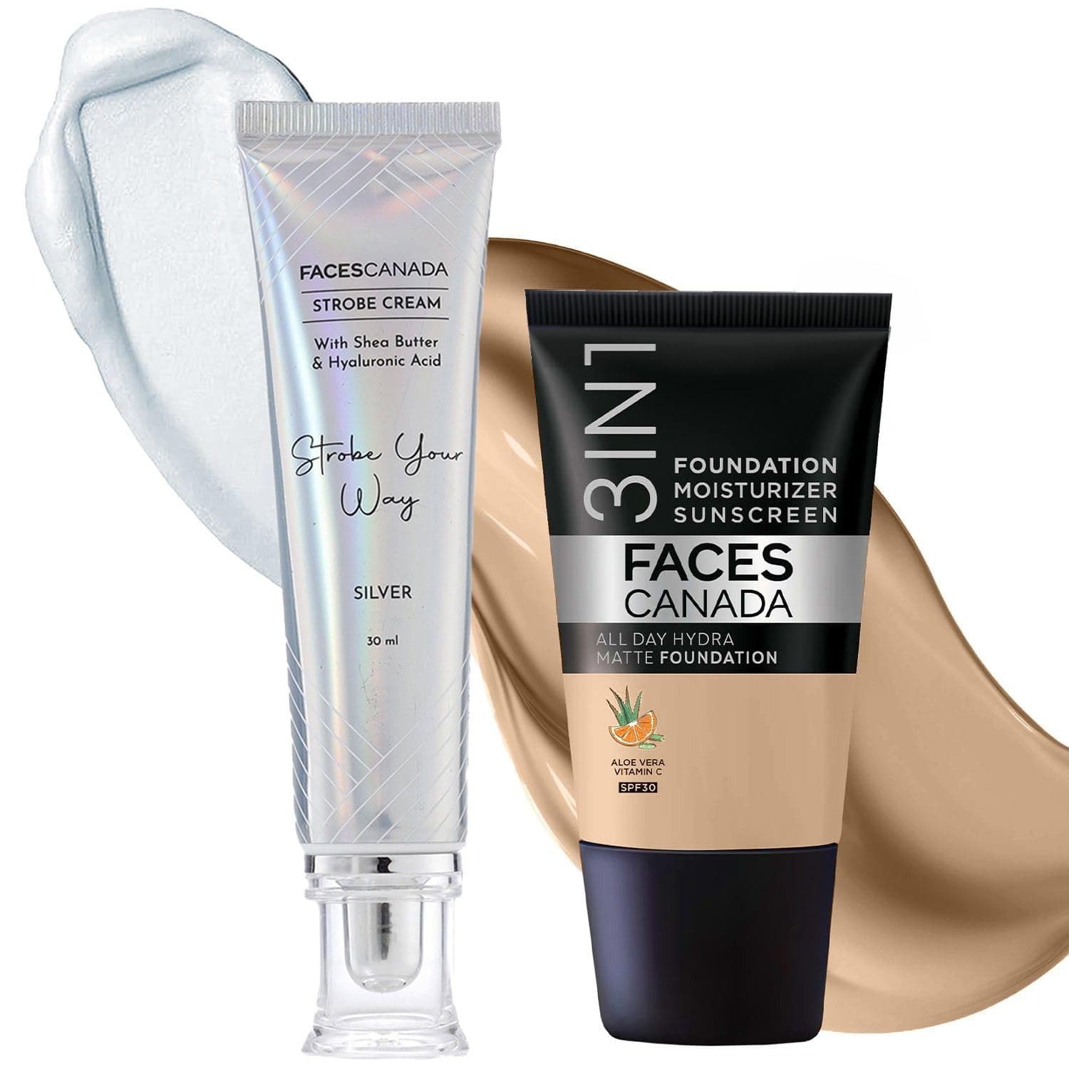 FACESCANADA Celeb Glow Kit | Silver Strobe Cream (30ml) + Medium Natural All Day Hydra Matte Mini Foundation (18ml) | Makeup Kit For Women (Combo Pack of 2)
