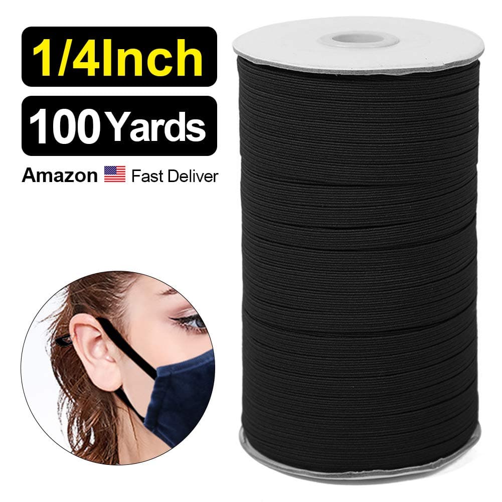Flat Elastic Band, 100Yard Elastic String Rope Elastic Cord Wide Braided Stretch Strap for DIY Sewing Crafting Ear Bands Loop (Black, 1/4inch-100Yards)