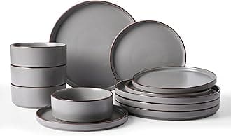 Nebula Ridge Stoneware Dinnerware Sets, Plates and Bowls Sets for 4, 12 Pieces Dishes Set, Microwave and Dishwasher Safe Kitchen Plates, Dark Gray