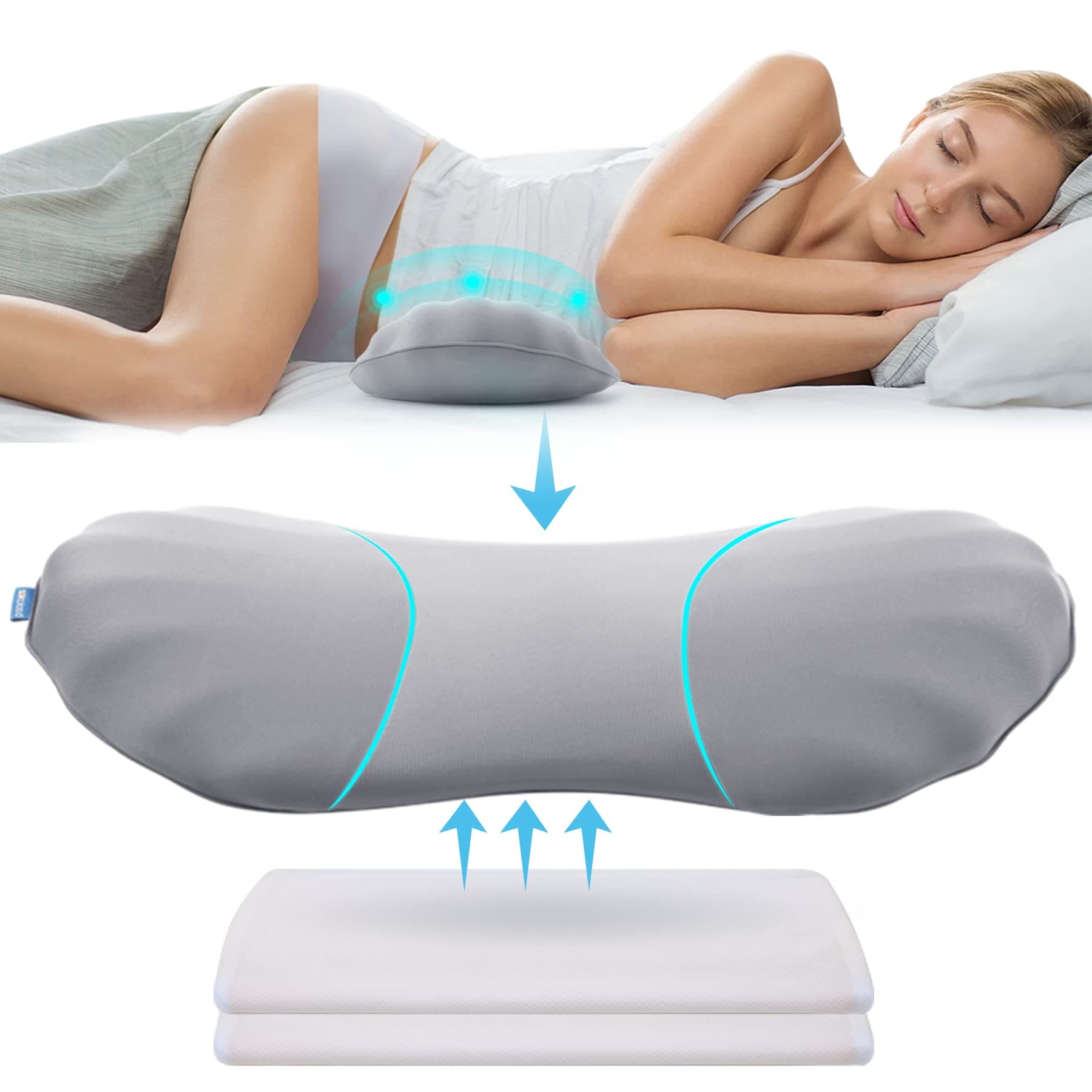 RESTCLOUD Adjustable Lumbar Support Pillow for Sleeping Memory Foam Back Support Pillow for Lower Back Pain Relief and Sleeping, Lumbar Support Pillow for Bed and Chair with 2 Insert Pads