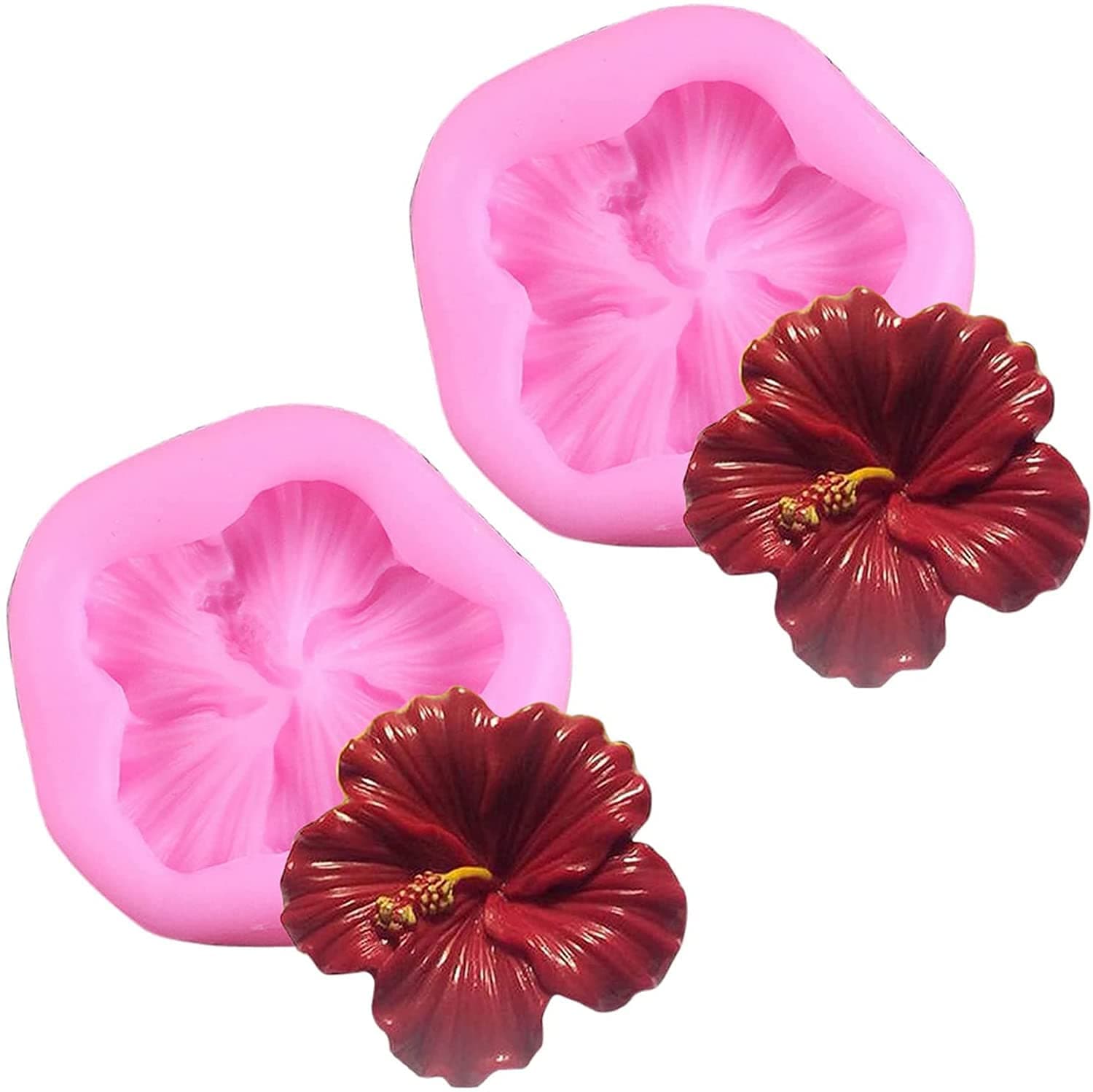BeeSpring 2Pcs Mini Silicone Molds Cake Baking Cups Silicone Mold 3D Flower Hibiscus Silicone Molds Cake Candy Chocolate Sugarcraft Baking Tool Mould.