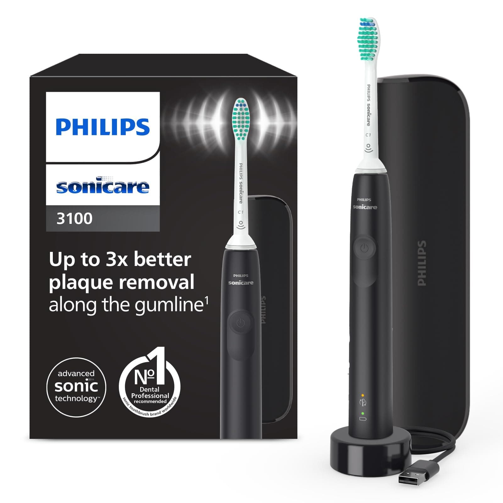 Philips Sonicare 3100 Electric Toothbrush, Sonic Toothbrush, Pressure Sensor and Timer, Travel Case, Black, HX3673/14