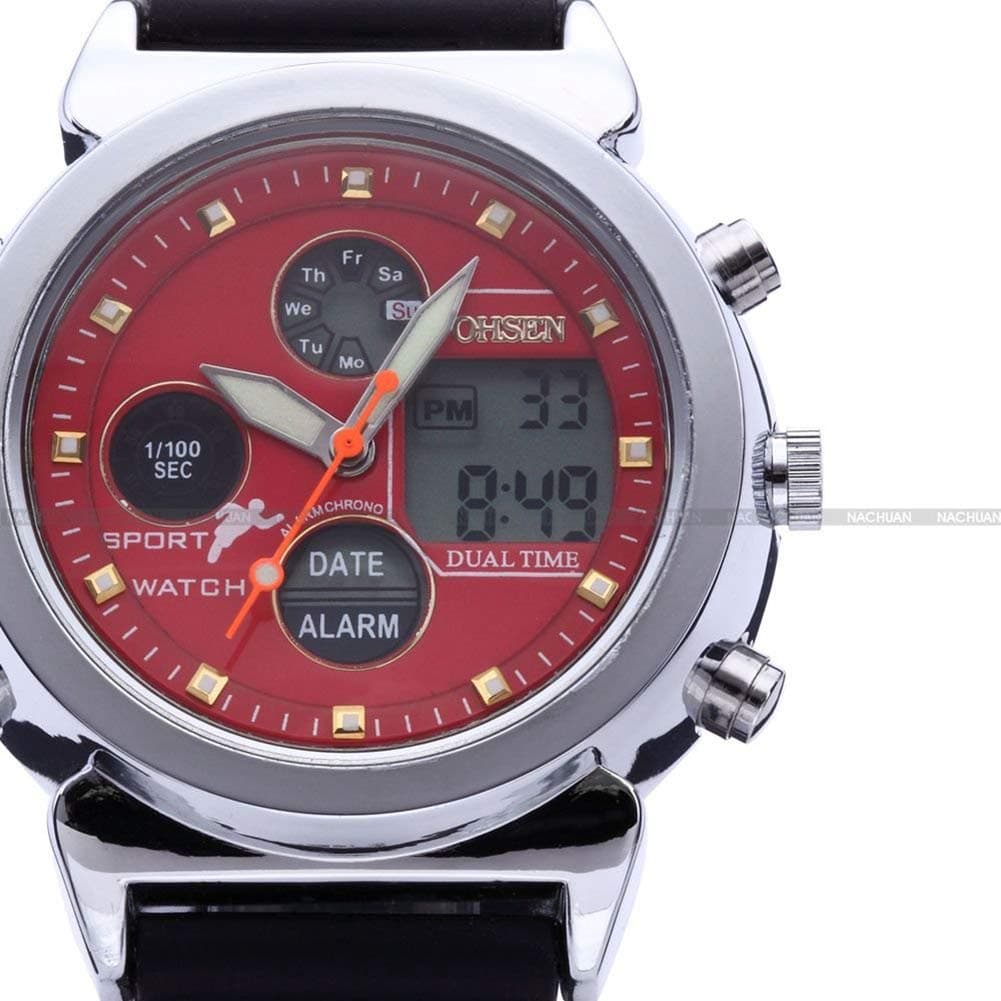 2017 OHSEN Two Dual Time Analog Digital Display Red Dial Alarm Date Week Stopwatch Rubber Strap Men Sport Watch