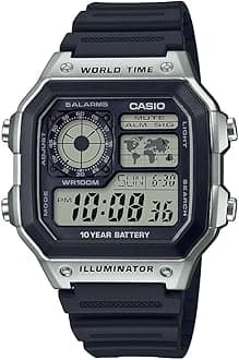 Casio AE1200WH Series | Men’s Digital Watch | 100M WR | Multi Alarms | 100 SEC Stopwatch | Countdown Timer | World Map for World Time | LED Light | LC Analog Display | 10 Year Battery