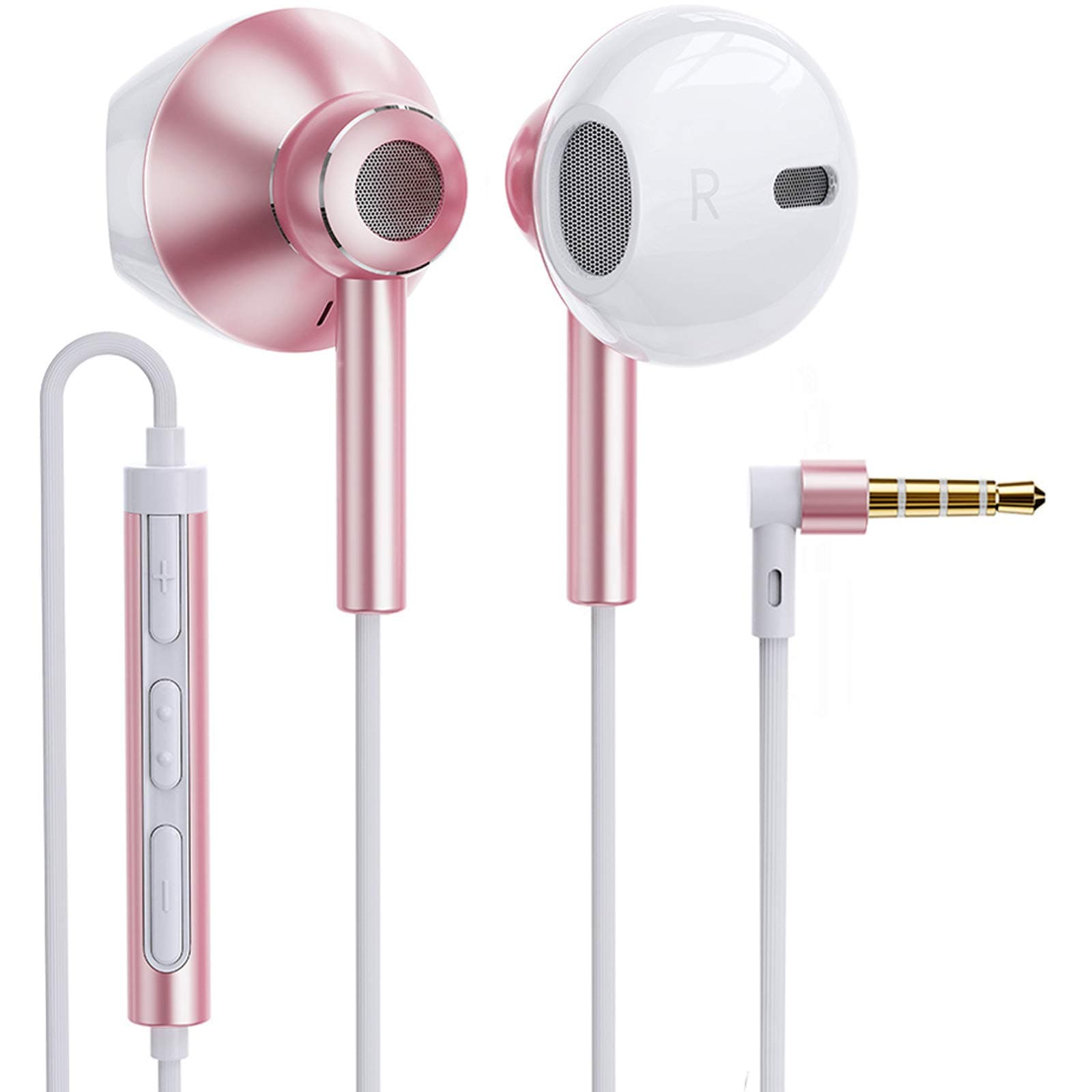 Linklike Quad Dynamic Drivers Air-Flow Deep Bass Half in-Ear Headphones with Microphone, Volume Control, Noise Isolating Lightweight 3.5mm Wired Earphones for Work, Commute, Sports (Rose Gold/White)