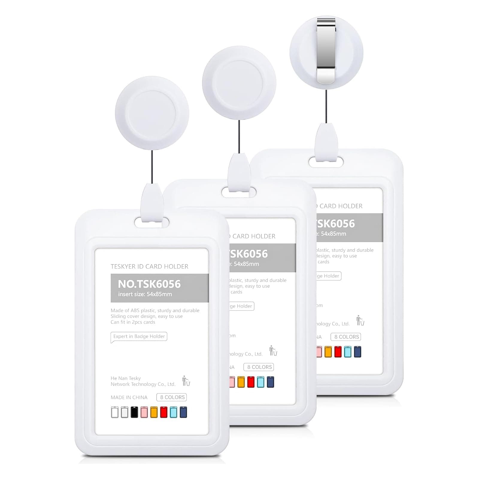 Kastwave Id Badge Holders, 3 Pack Hard Plastic Sliding Holder With Retractable Reel Clips, Clear Card Holders For Hand-Held Student Id, Offices School (Vertical White)