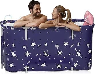 Warmiehomy 140x50X55CM Portable Foldable Bathtub for Adult, Large Soaking Bathtub with Cushion and Backrest, Hot Bath Ice Bath SPA Tub for Shower, Freestanding Bath tub for Adults Kids, Starry Blue