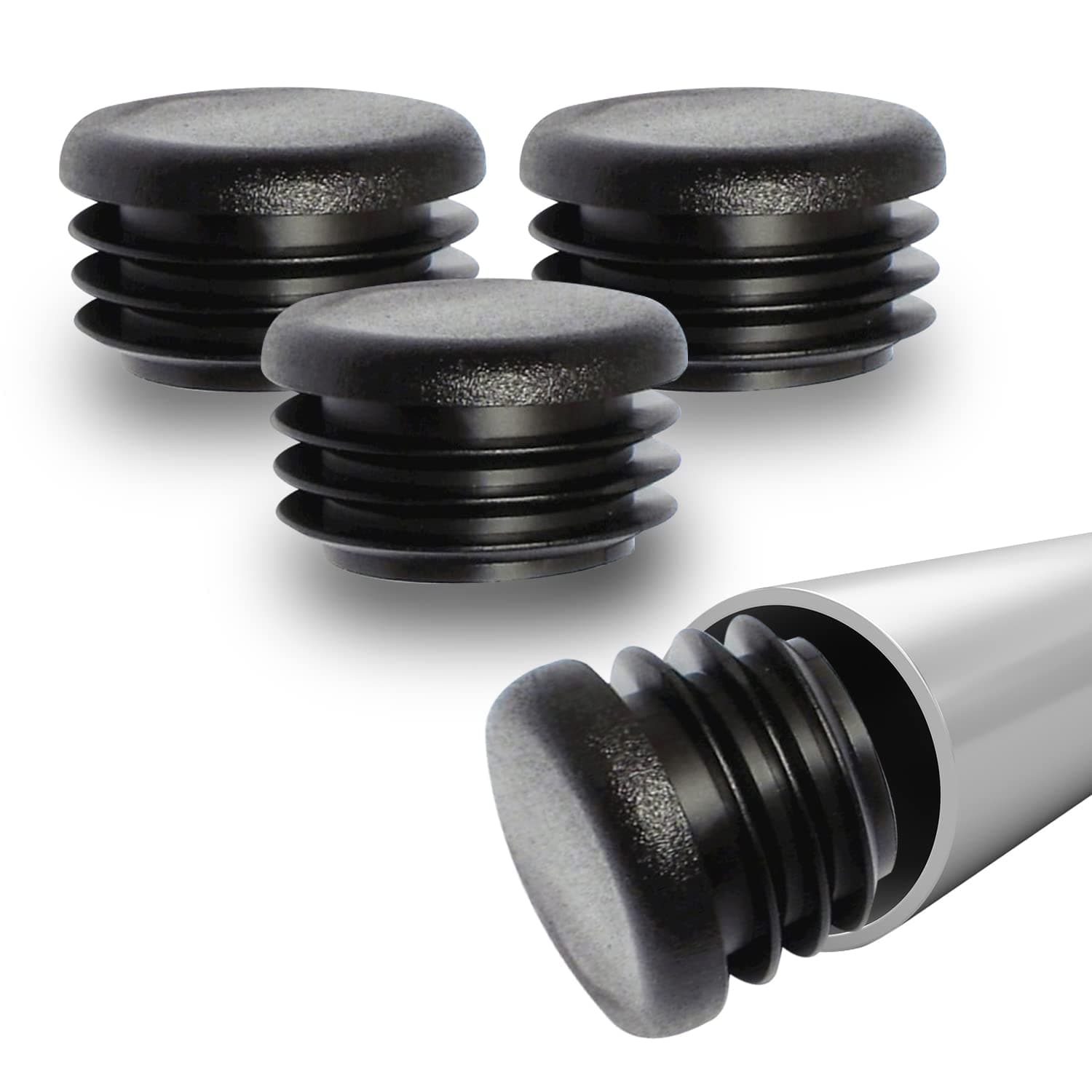 Prescott Plastics 1" (25.4mm) Outer Diameter Ribbed Plastic Hole Plugs, Round Black Metal Tubing End Caps, StrongFurniture Leg Inserts, Impact & Weather Resistant, Made in The USA - 4 Pack