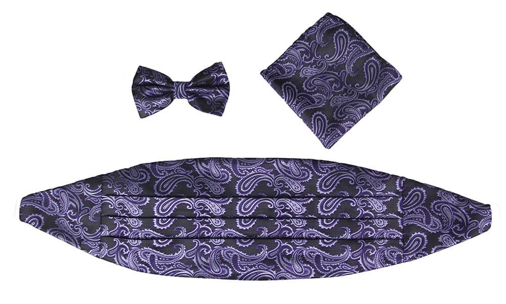 Dark Paisley Cummerbund, Bowtie, and Pocket Square Set