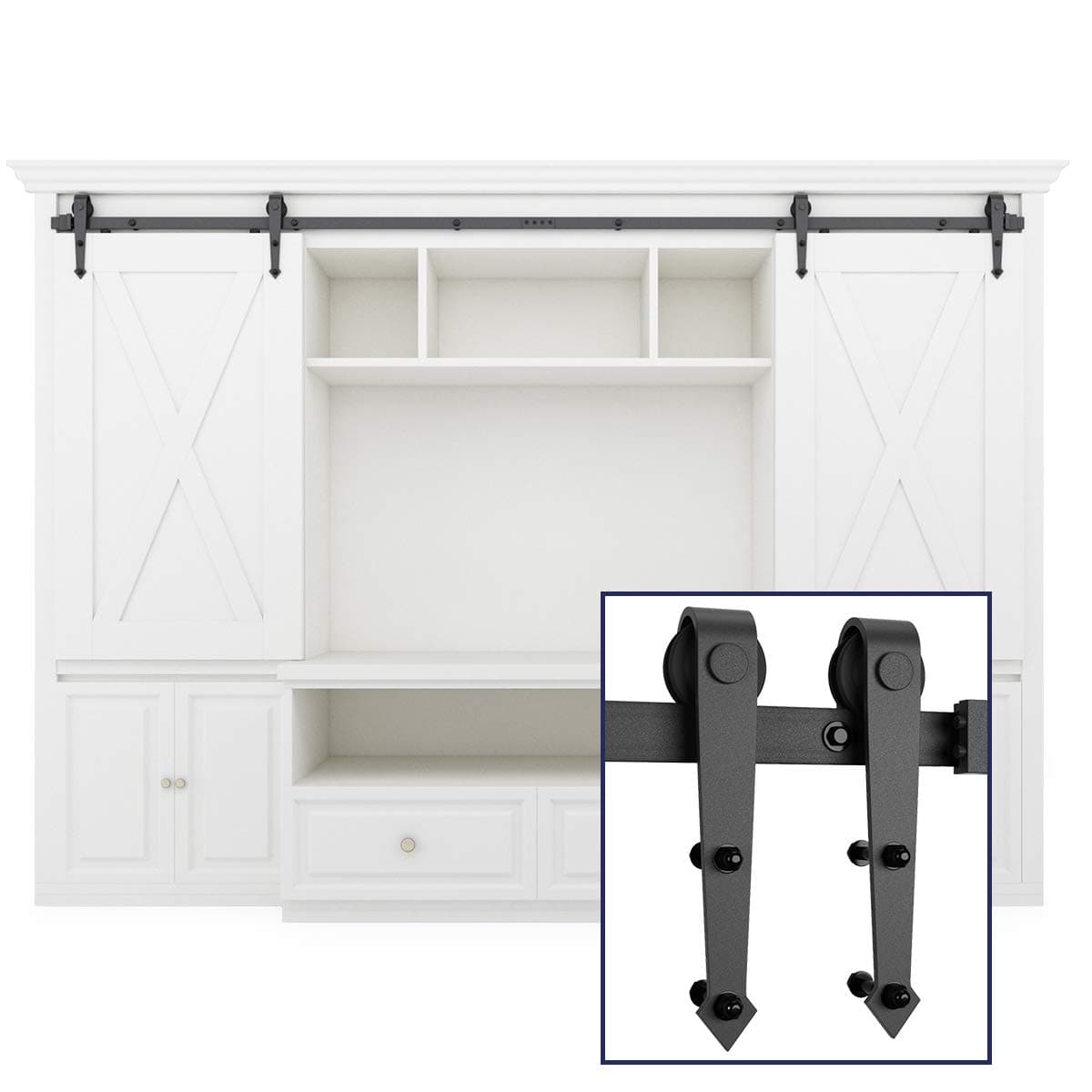 SMARTSTANDARD 8FT Mini Sliding Barn Door Hardware Track Kit -Super Smoothly and Quietly -for Double Opening Cabinet, TV Stand, Closet, Window -Fit 24" Wide Door Panel - Arrow Hanger (NO Cabinet)