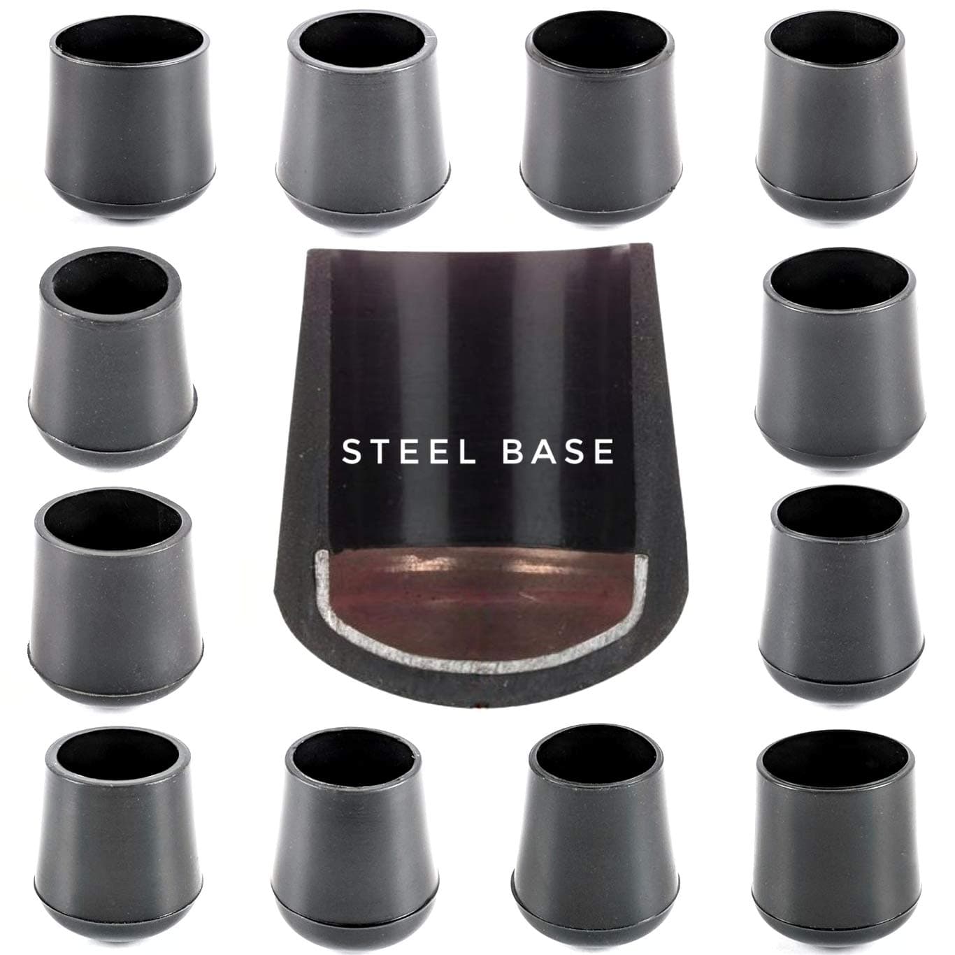 Multipurpose Feet. Rubber Ferrules with Hard-Wearing Steel Insert, Range of Sizes, Made in Germany (Black, 20mm - See Second Image Before Ordering This Size, Pack of 8)