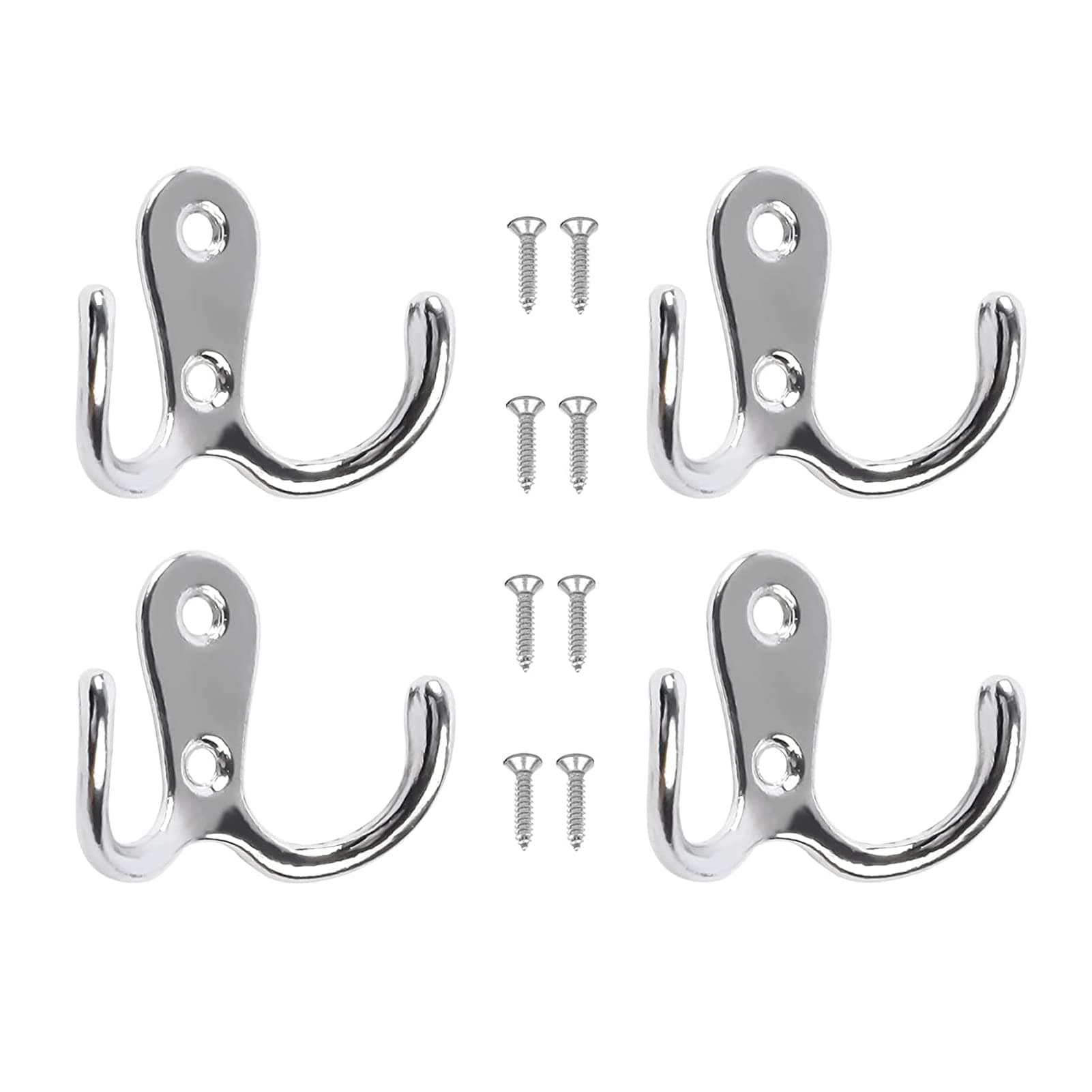 Yesmin 4 Pcs Double Prong Robe Hooks, Dual Coat Hooks Wall Mounted Hanging Clothes for Bathroom Bedroom Door Wall Retro Metal Cloth Hanger Double Coat Hooks with 8 Screws (Sliver)