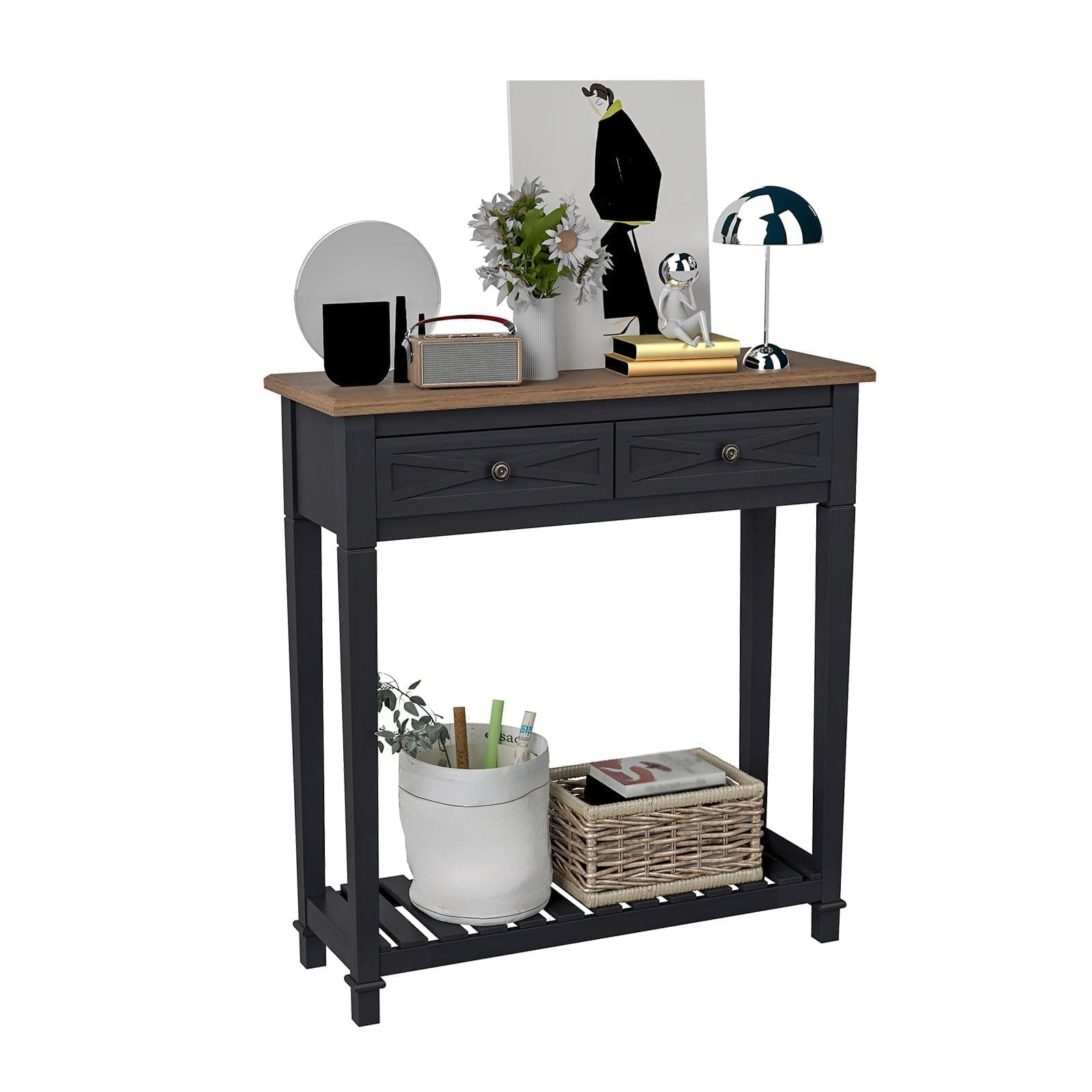 Narrow Console Table with Shelf & Drawers Small Entryway Table Hallway Table for Entryway Living Room Bedroom Foyer Office Black