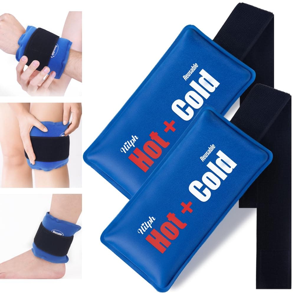Hilph Large Ice Pack with Strap for Injury Reusable, 2 Packs Hot & Cold Compress Gel Pack for Muscle, Joint Pain & Swelling | Fits Knees, Ankles, Elbows & Wrists - Blue