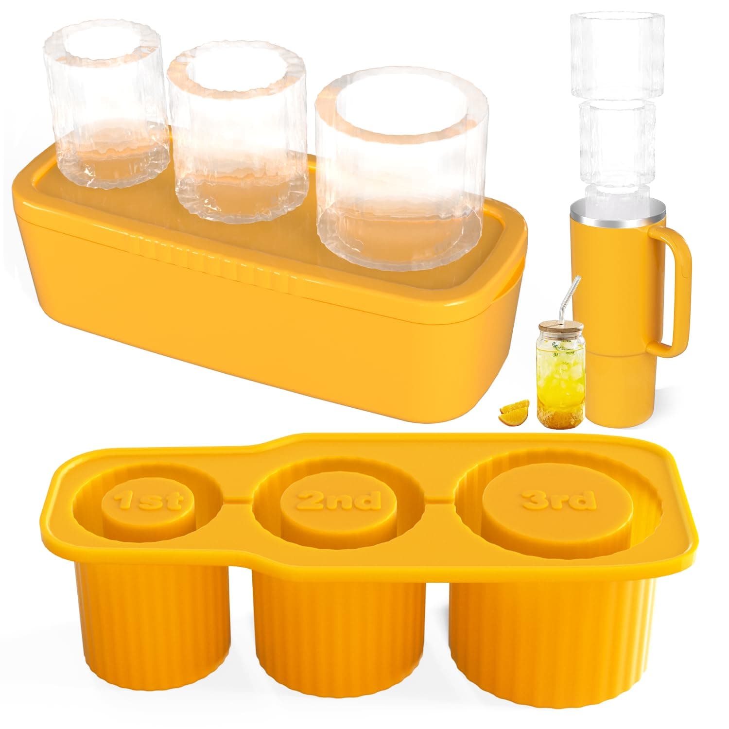 RuRu monkey Ice Mold for Stanley Cup, Silicone Ice Cube Tray with Lid and Bin for 20 30 40 oz Tumbler Cup, Cylinder Ice Maker for Drinks, Coffee and Cocktails, Whiskey, Easy to Release (Yellow)
