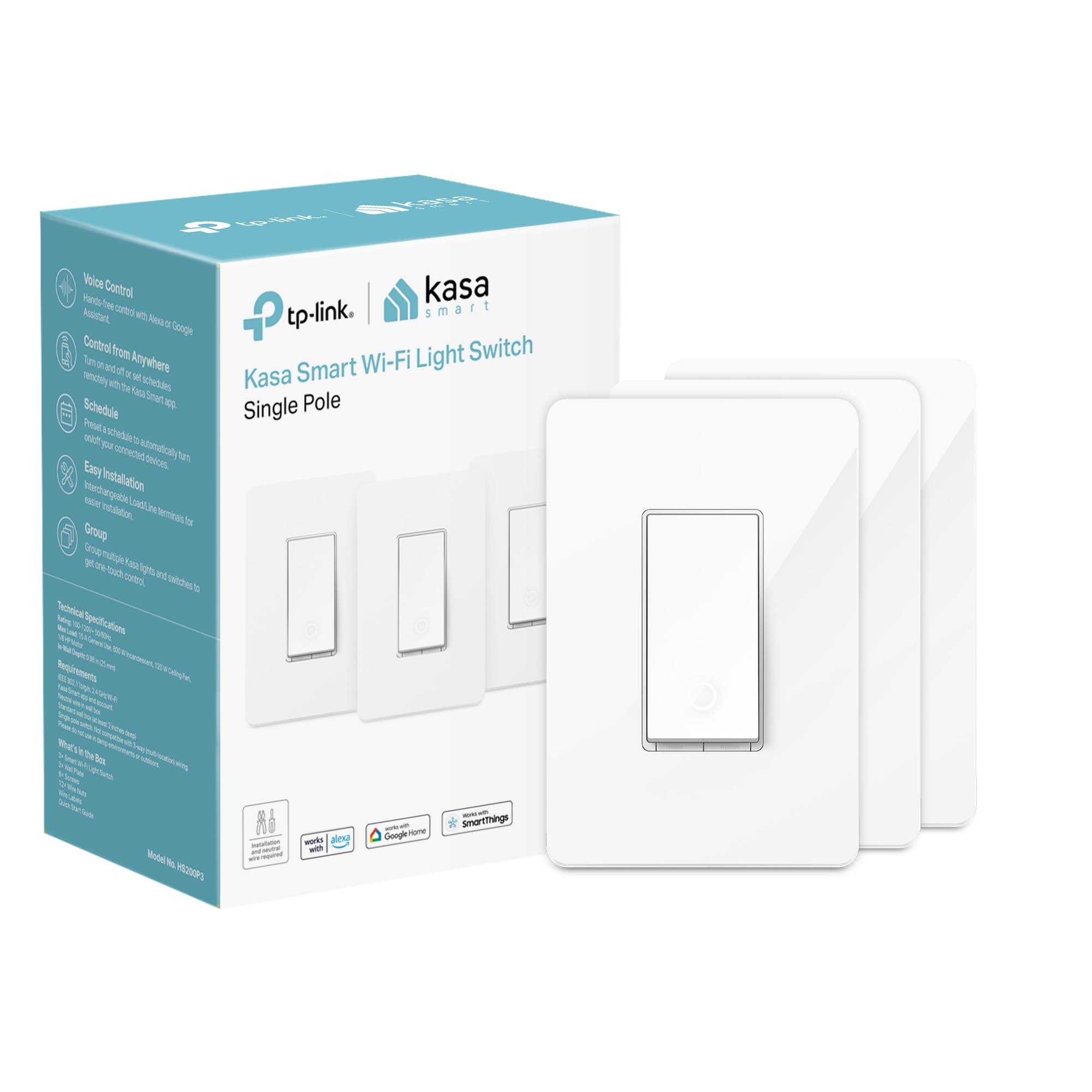 TP-LINK HS200P3 Kasa Smart WiFi Switch (3-Pack) Control Lighting from Anywhere, Easy in-Wall Installation (Single-Pole Only), No Hub Required, Compatible with Alexa and Google Assistant, White
