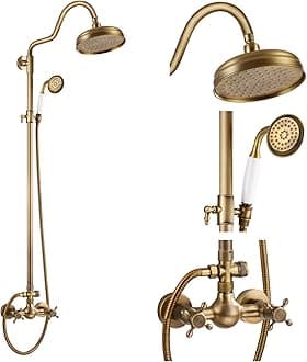 gotonovo Luxury Exposed Shower Faucet Set Bathroom Shower System 8 Inch Wall Mount Rainfall Shower Head with Handheld Spray Cross Double Handle Shower Fixture Adjustable Arc Rod Antique Brass