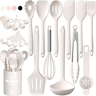 Kitchen Utensils Set, Umite Chef 22Pcs Silicone Cooking Utensils Set, Heat Resistant Silicone Kitchen Spatulas Set with Holder, White Cooking Gadgets Tools Set for Nonstick Cookware, Dishwasher Safe