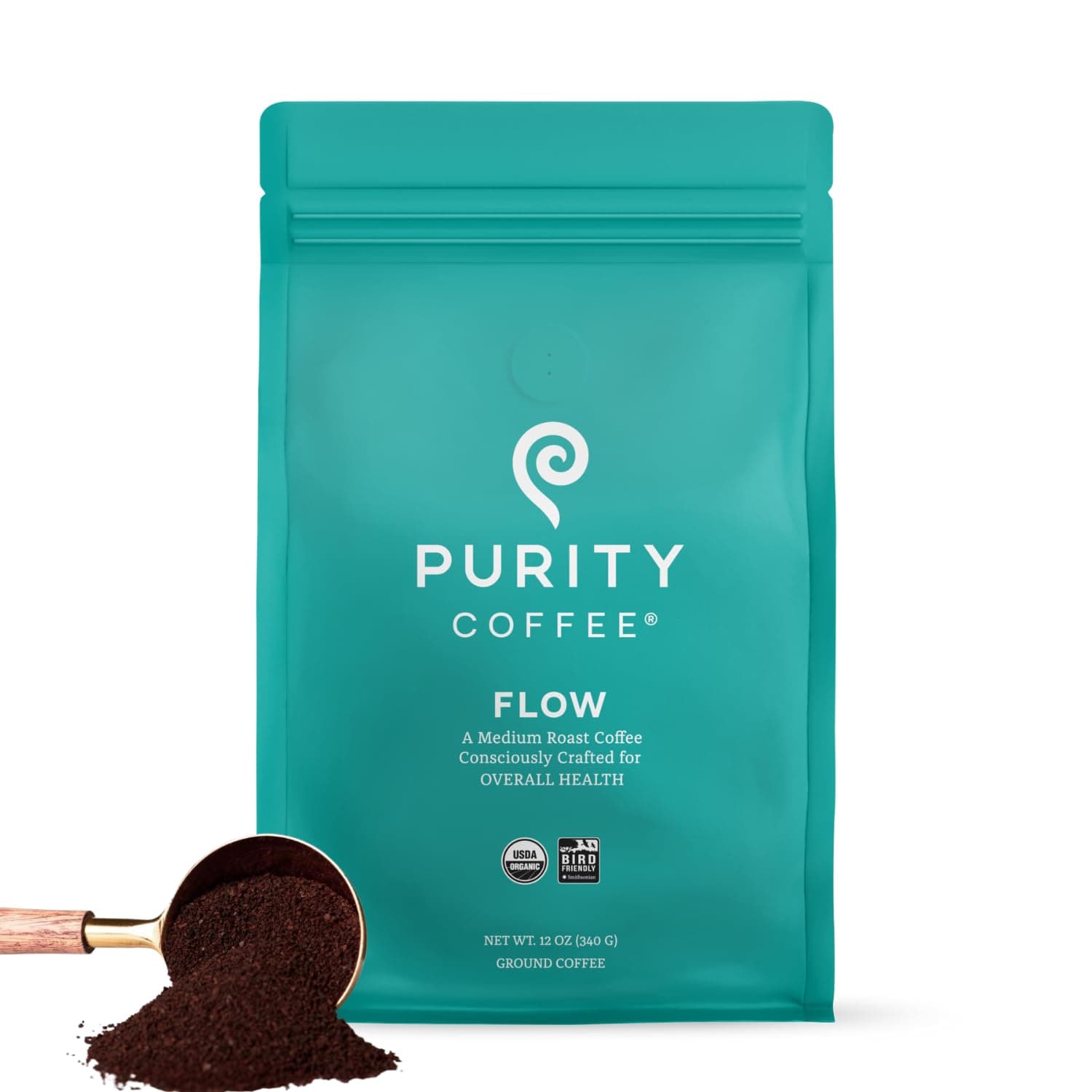 Purity Coffee FLOW Original Medium Roast Ground Coffee for Focus and Clean Energy - USDA Organic and Third-Party Tested for Antioxidants, Mold, Mycotoxins and Pesticides - 12oz