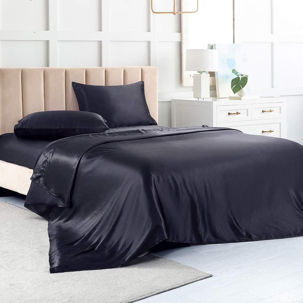 Satin Bed Sheets King Size Sheets, Black Silk Sheets, 4 - Pieces Soft Bedding Set with 1 Deep Pocket Fitted Sheet,1 Flat Sheet,2 Pillowcase