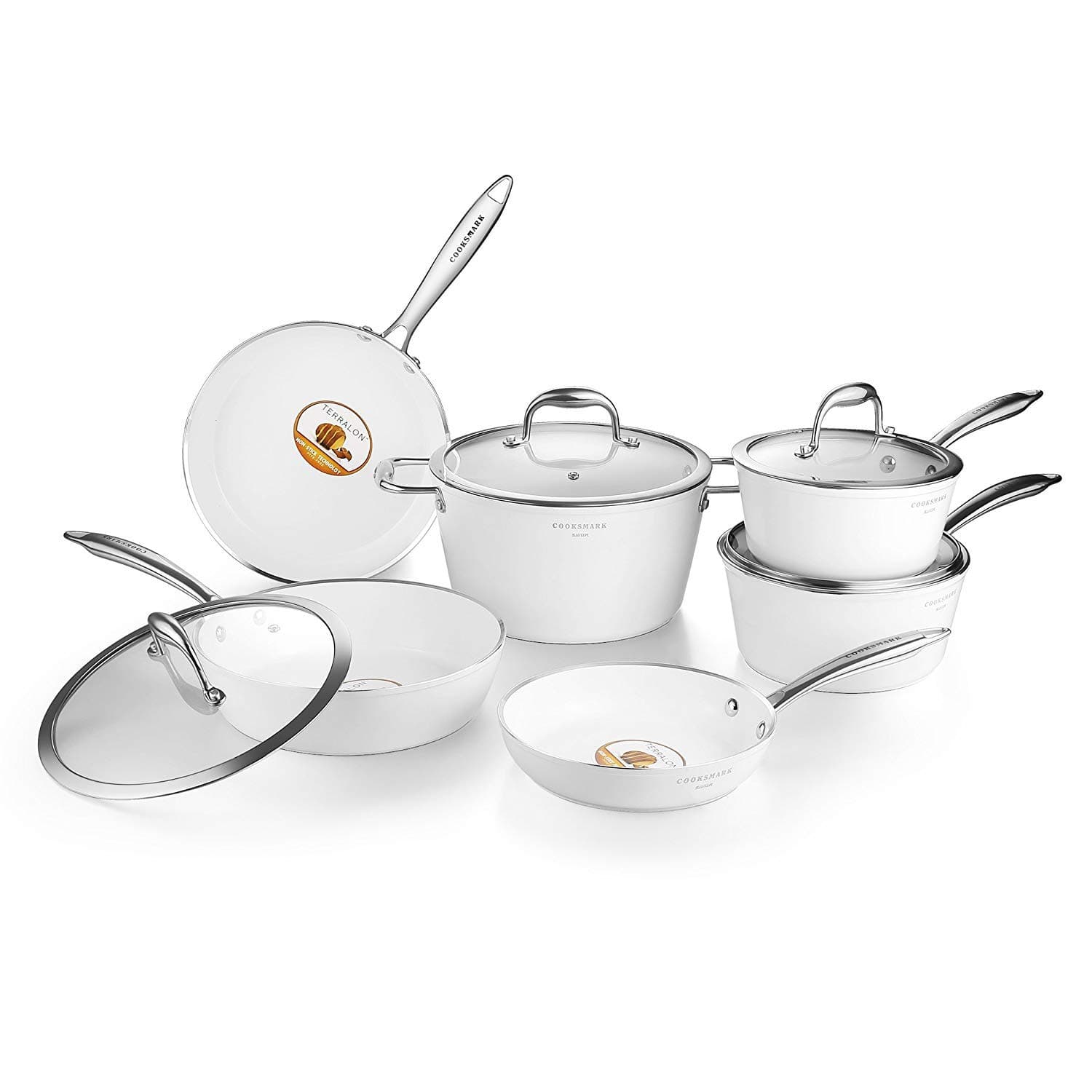 Cooksmark Swan Ceramic Nonstick Induction Safe Cookware Set, Scratch-Resistant Forged Pots and Pans Set with Glass Lids, Dishwasher Safe Oven Safe PTFE/PFOA-Free, 10-Piece, White