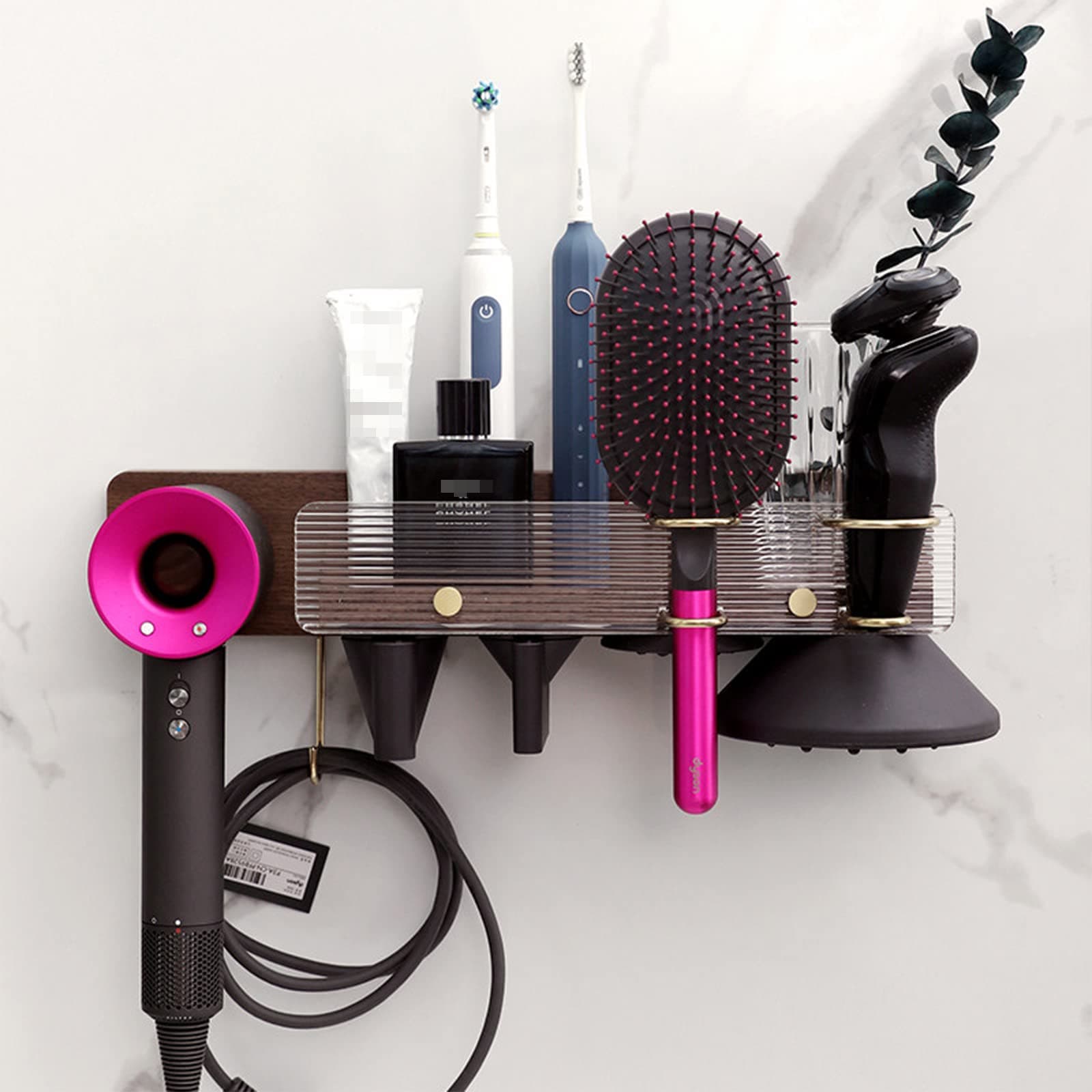 Shulily Wall Mount Holder Organizer Stand Storage Rack for Dyson Airwrap Styler Curling Iron Wand Barrels Brushes, Solid Wood Walnut Hair Dryer Rack Holder