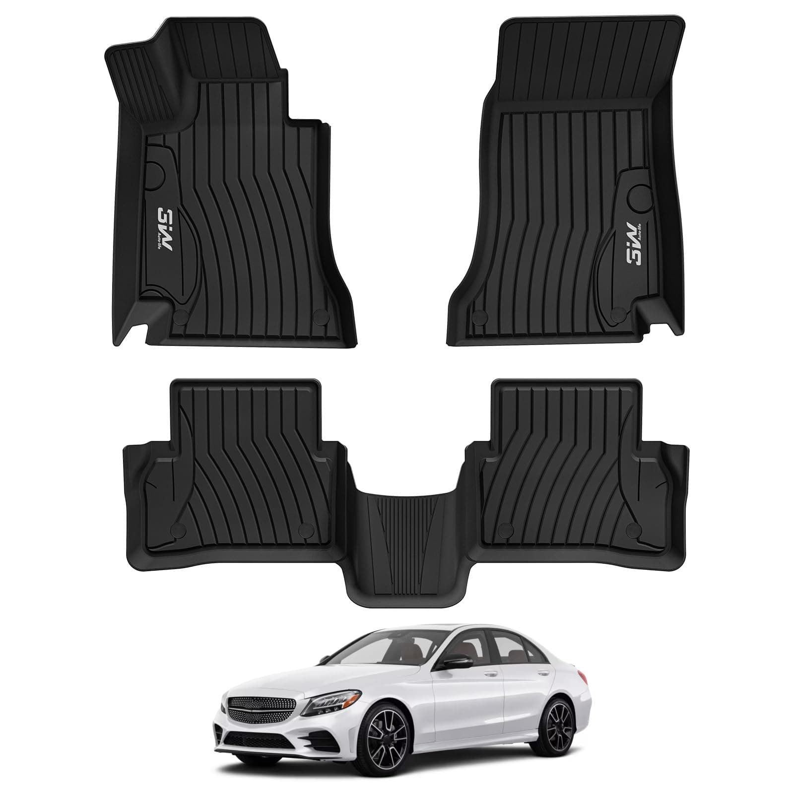 3W Floor Mats Compatible for Benz C-Class 2015-2021 TPE All Weather Custom Fit Floor Liner for Benz C-Class 1st and 2nd Row Full Set Car Mats (for Sedan Only), Black