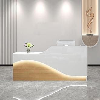 Front Desk Reception Counter, Front Counter Desk with Lockable Drawer, Reception Counter, Modern Retail Counter for Checkout Office/Beauty Salon/Lobby C-right(White+natural-R,Medium)