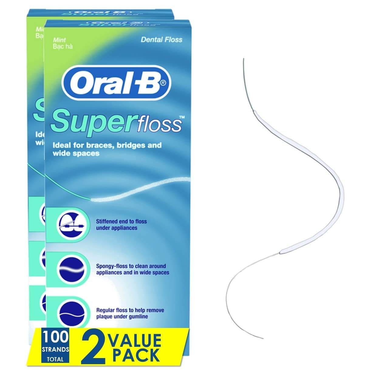 Oral B Super Floss Pre-Cut Strands, Mint, 50 Count, Twin Pack