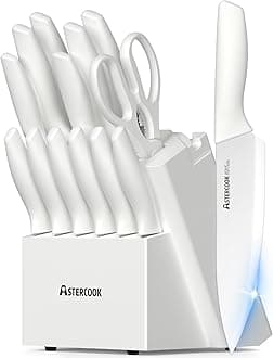 Astercook Knife Set for Kitchen 15 Piece with Block and Sharpener Kitchen Knives with Ceramic Coating Sharp Blade Dishwasher Safe Deba Knives with Anti-slip Ergonomic Handle, Elegant White