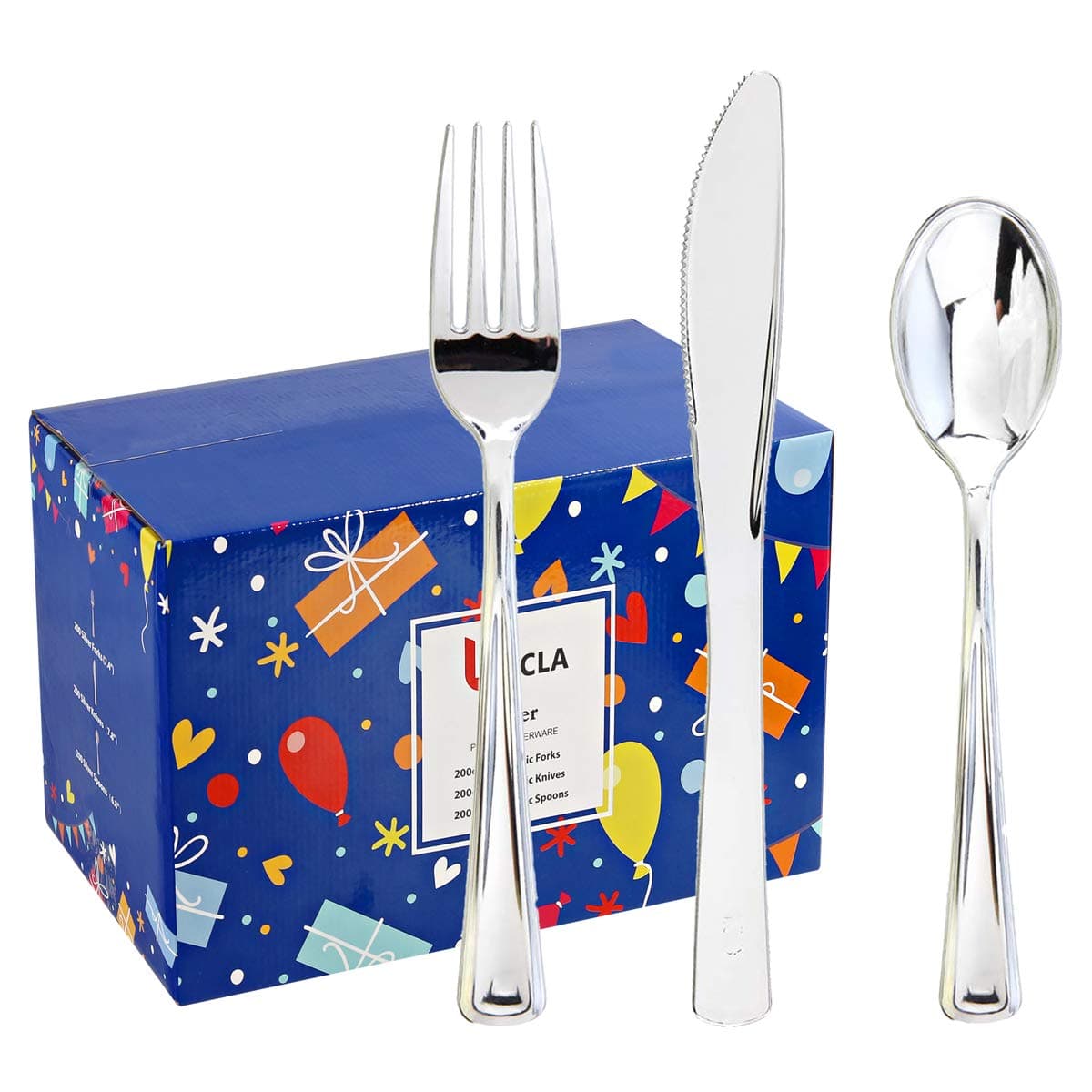 BUCLA 600 Pieces Silver Plastic Silverware - Plastic Silver Cutlery - Heavyweight Disposable Flatware set- 200 Forks, 200 Spoons, 200 Knives
