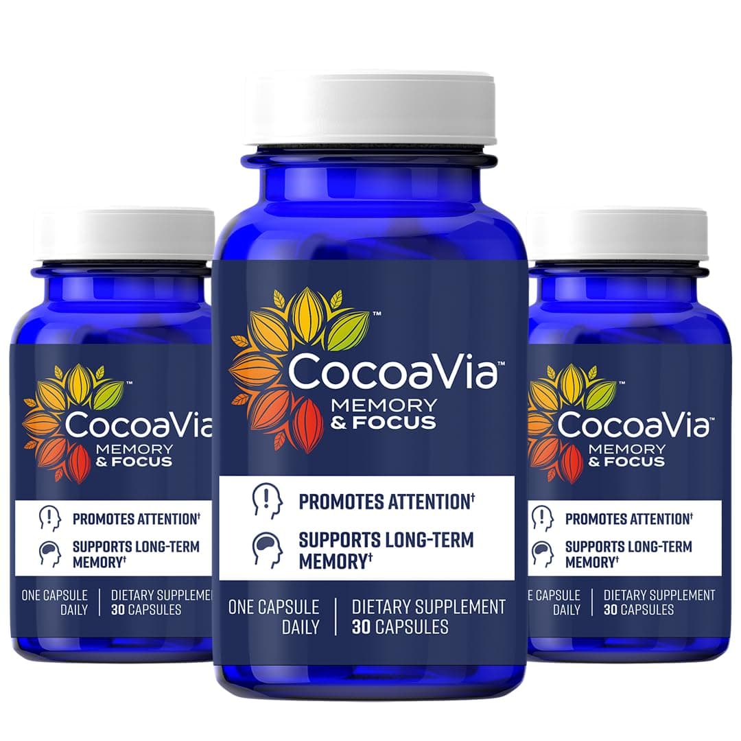 - CocoaVia Memory & Focus Brain Supplement, 90 Day, Cocoa Flavanol Blend, Lutein, Added Caffeine for Boost. Improve Cognitive Function, Attention, Vegan & Plant Based, 90 Capsules
