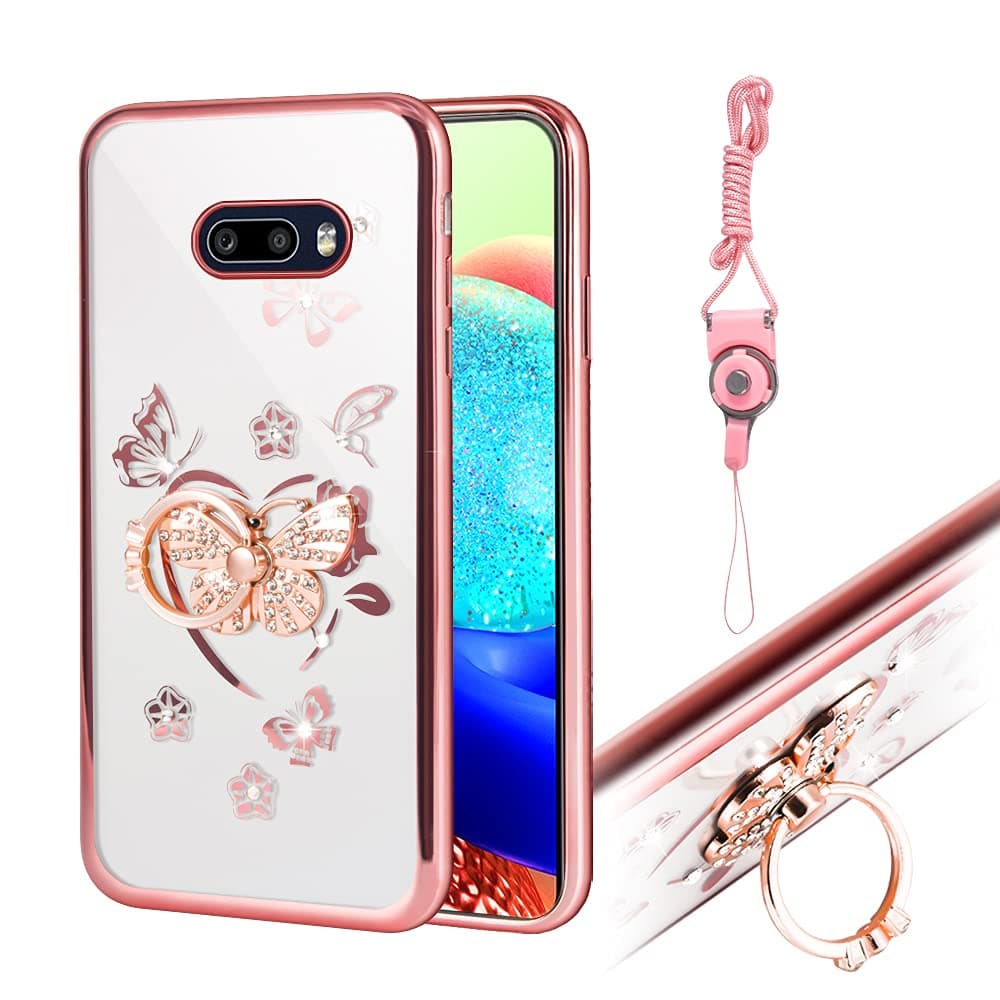 for LG G8X Thinq Case,LG V50S Thinq Case, Flash Iris Series Thin Luxury Shiny Rhinestone Transparent TPU Case with Butterfly Diamond Ring Stand -Rose Gold