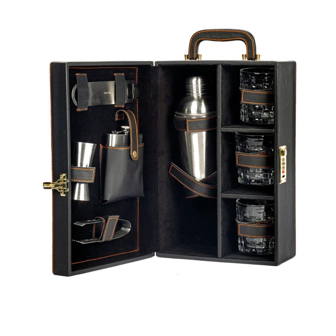 Abrazo Portable Barset | Bartender Kit | Bar Tool Set | Gifting | 8 Pieces Bar Tool Set | Black | Cocktail Shaker | Gift