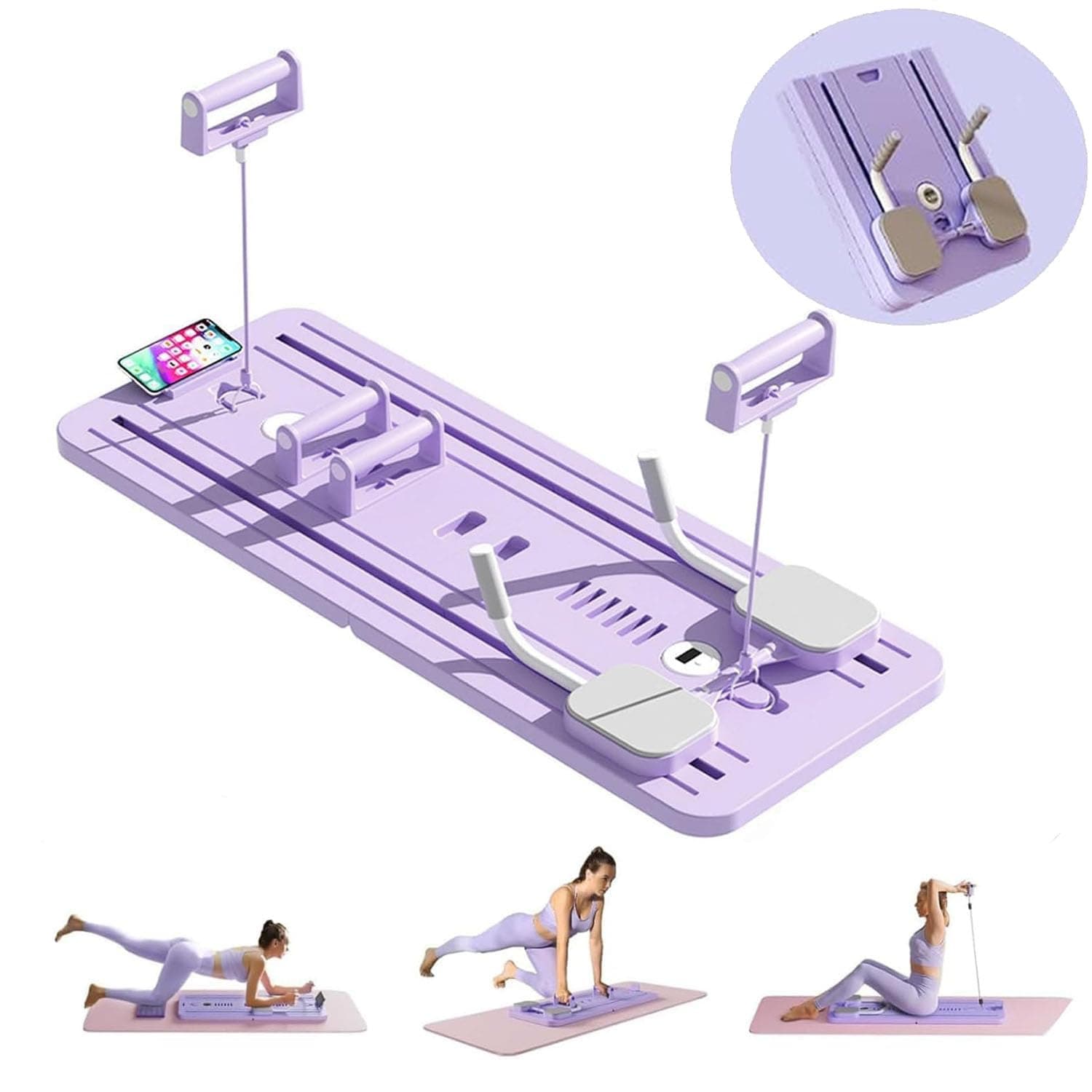 Pilates Board Foldable, Pilates Sliding Board, Multi Functional Portable Pilates Reformer Set, Pilates Equipment with Timer, Ab Exercise Board with Elbow Support and Resistance Bands