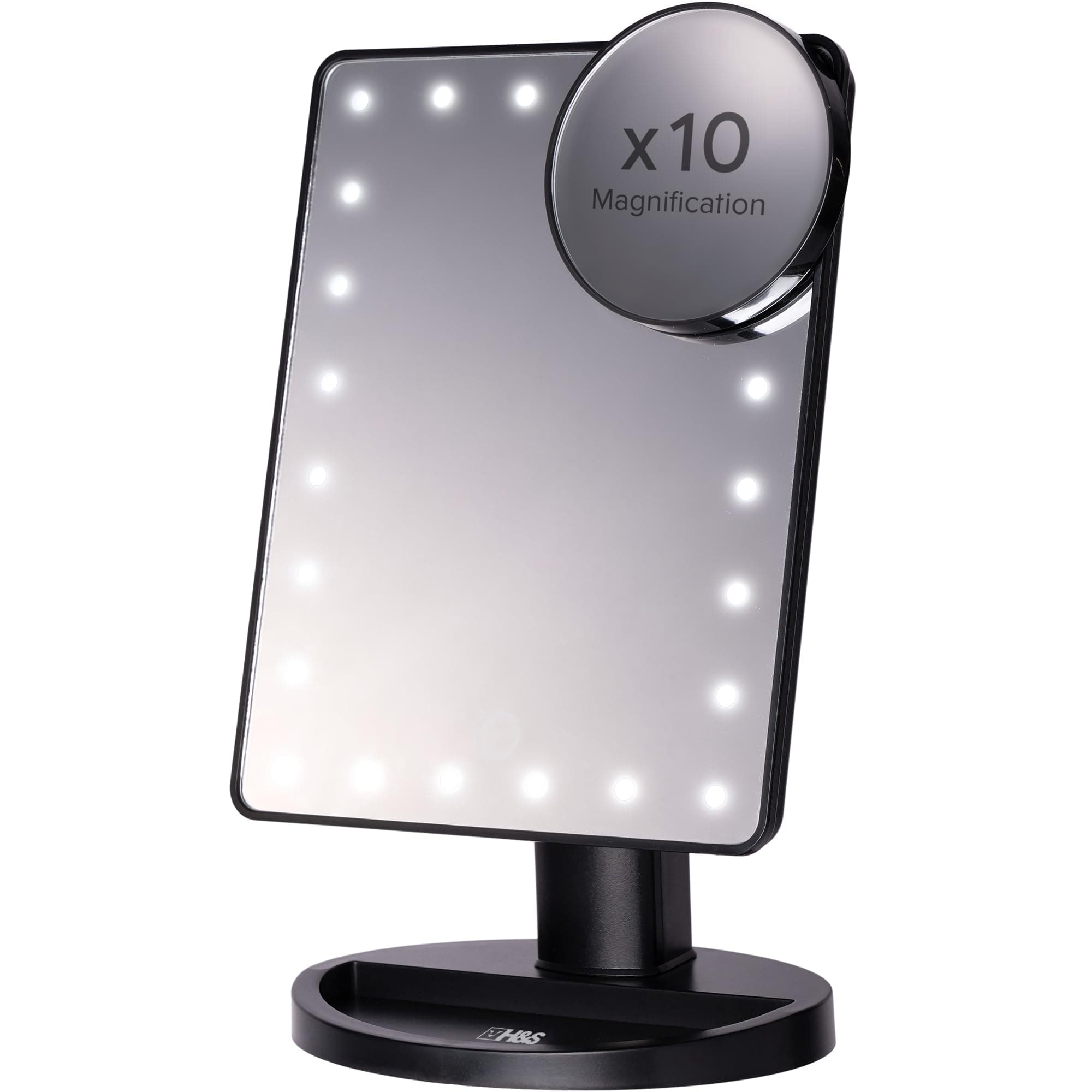 H&S Makeup Mirror with Lights - Light Up Vanity Mirror for Dressing Table Bathroom Desk - Battery Operated with LED Lights - Includes Detachable 10x Magnifying Mirror - Black
