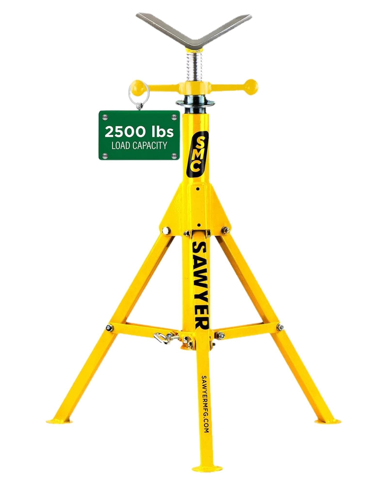 Sawyer Folding V Head Pipe Stand – Adjustable Height 28" to 52" – Heavy Duty Steel Tripod Welding Stand for Pipe Support, Threading, Grooving, & Cutting – Portable, Compact & Reliable Pipe Jack Stand