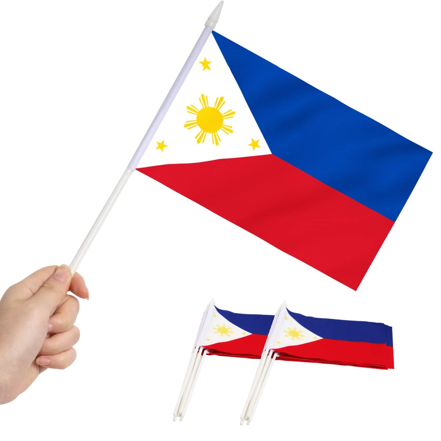 Anley Philippines Mini Flag 12 Pack - Hand Held Small Miniature Philippine Flags on Stick - Fade Resistant & Vivid Colors - 5x8 Inch with Solid Pole & Spear Top
