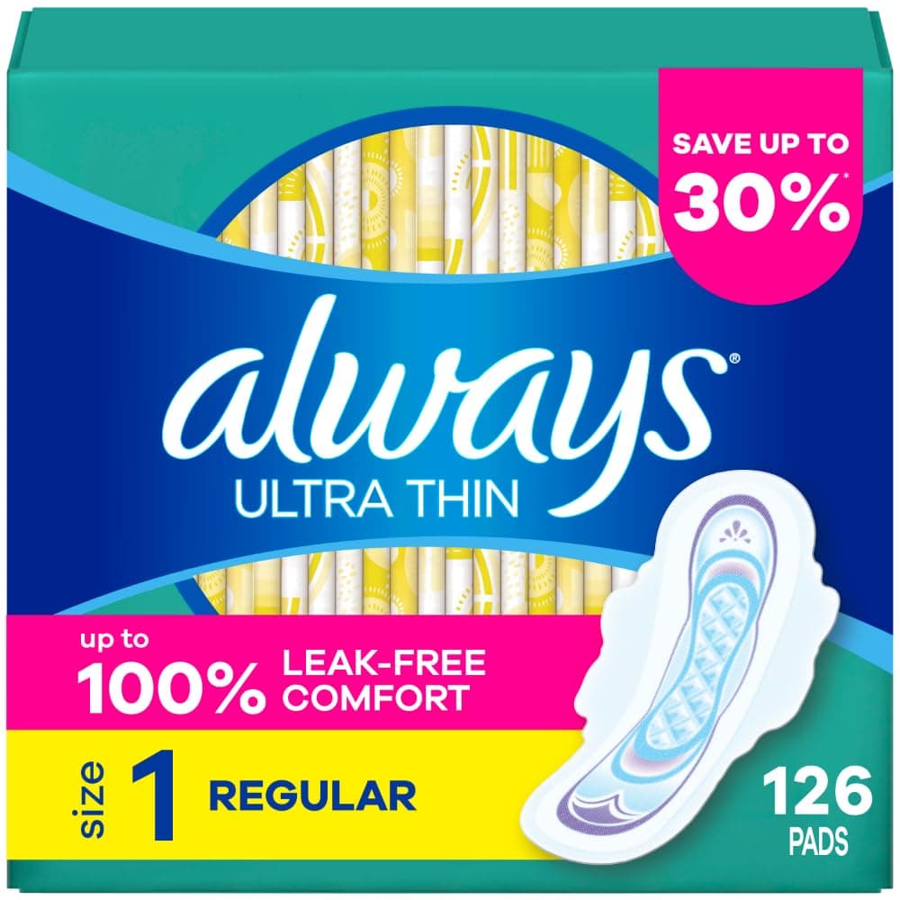 Always Ultra Thin Daytime Pads with Wings, Size 1, Regular, Unscented, 42 Counts x 3 Packs (126 Count Total)
