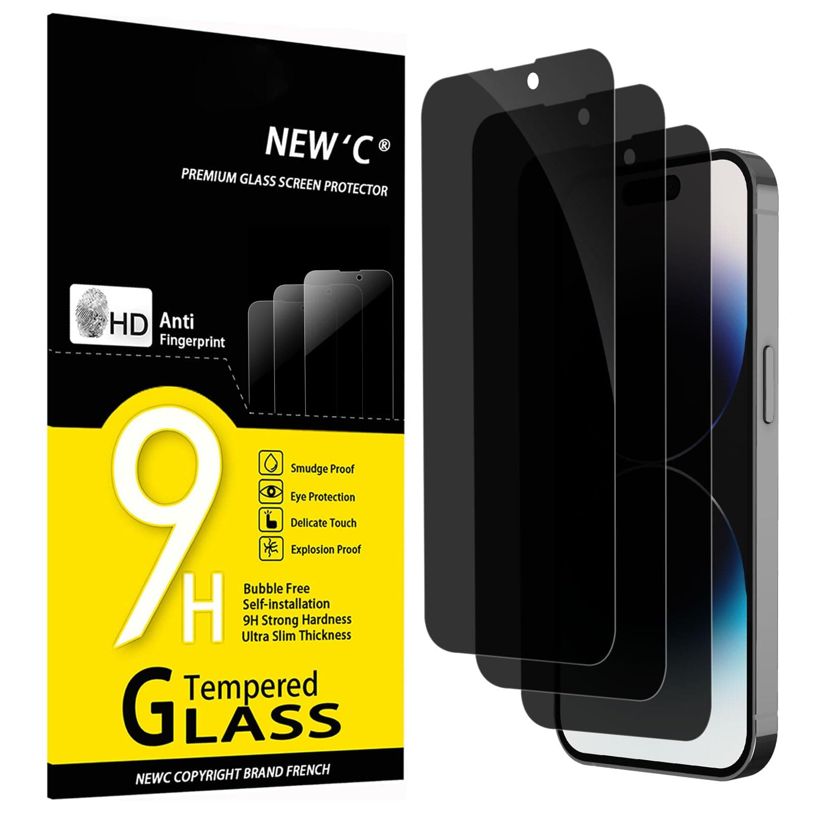 NEW'C 3 Pack Privacy for iPhone 14 Pro Screen Protector (6.1"), Enhanced 28-Degree Privacy Angle, Ultra Durable 9H Hardness, Bubble-Free