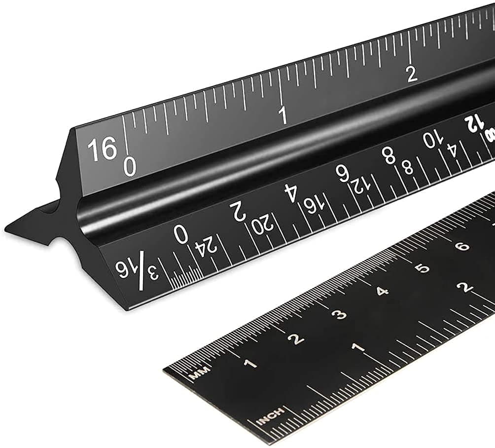 30cm Architectural and Engineering Imperial Scale Ruler Set - Laser-Etched Aluminum Triangular Drafting Tool - for Architect and Civil Engineer Blueprints - Standard Metal Ruler Included