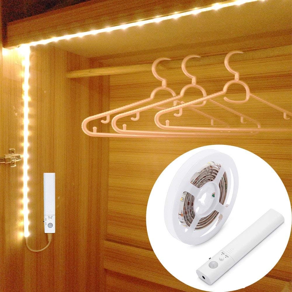 Motion Sensor Wardrobe Light, LED Strip Closet Lights, PIR Auto on/Off, Battery Powered Warm White for Bedside, Bathroom, Closet, Cabinet, Kitchen, Stairs (Warm White, 1.5M Battery)