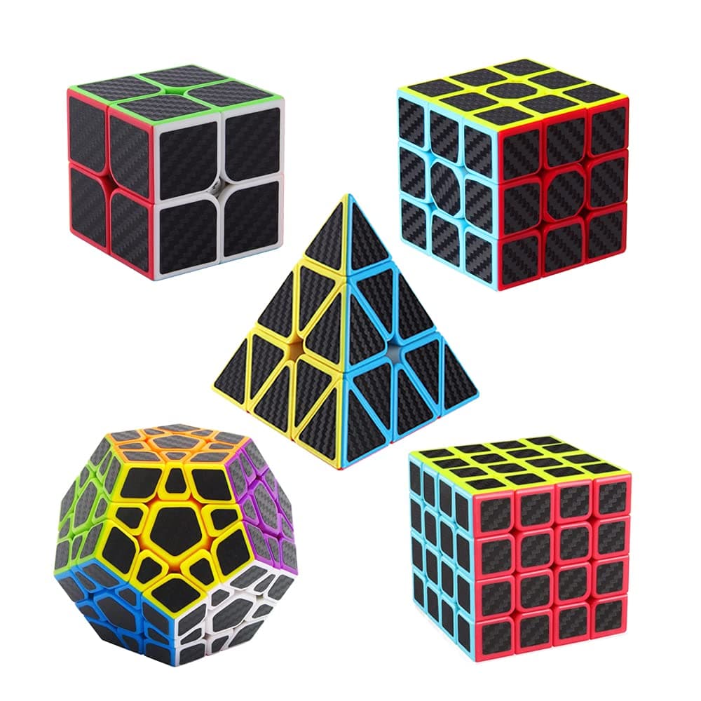 Speed Cube Set, [5 Pack] Magic Cube Bundle of 2x2 3x3 4x4 Megaminx Cube and Pyramid Cube Smoothly Carbon Fiber Sticker Speed Cubes Collection for Kids Teens & Adults