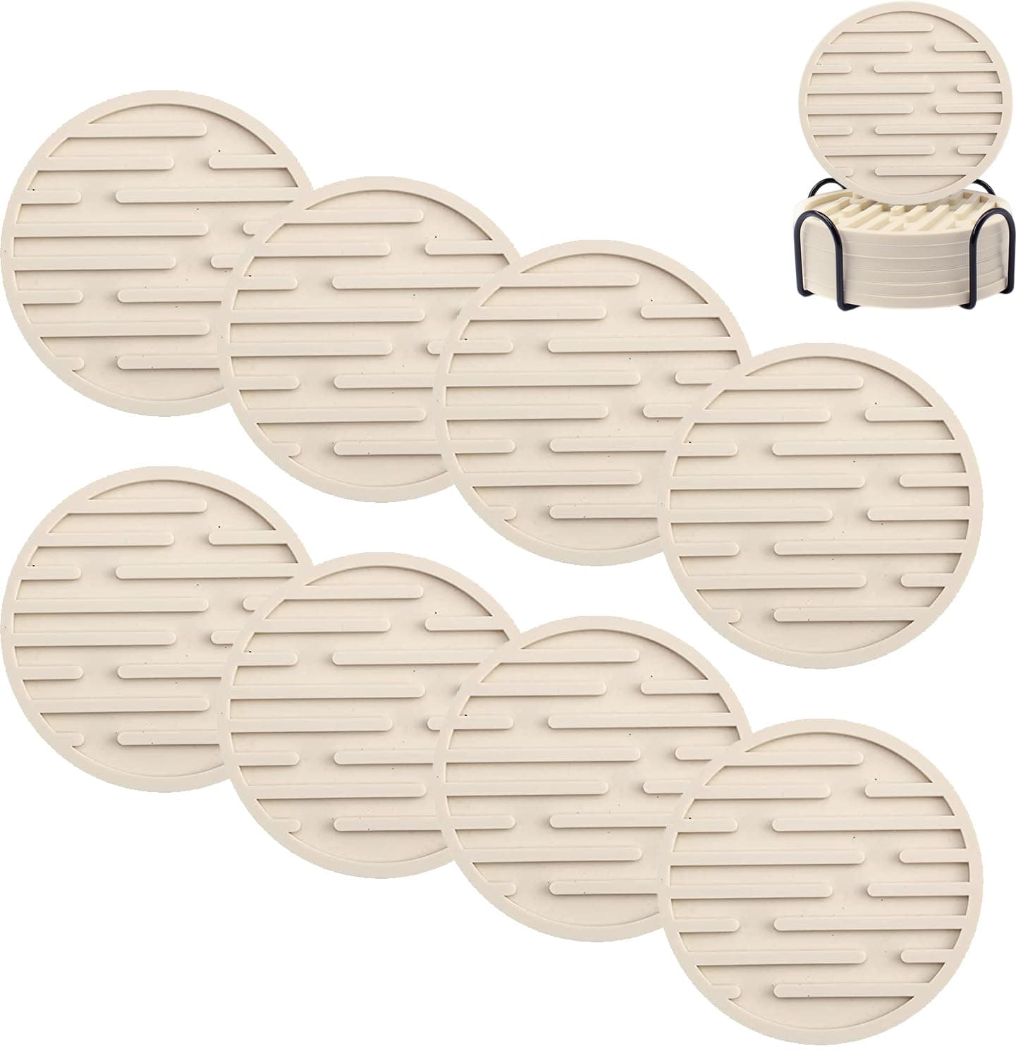 Tepengdie Silicone Coasters, Coasters for Drinks 8 Set Non-Slip Cup Coasters, Heat Resistant Cup Mate, Soft Coaster for Tabletope Protection, Furniture from Damage (Beige)
